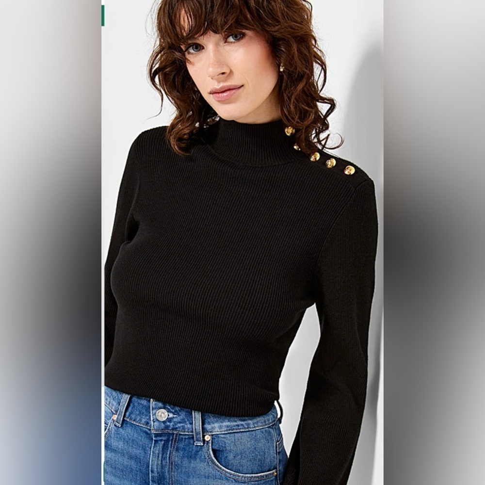 I.N.C Black Mock neck sweater with gold button shoulder detail Size PS